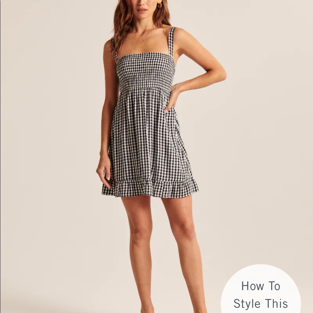 Gingham smocked squareneck mini dress